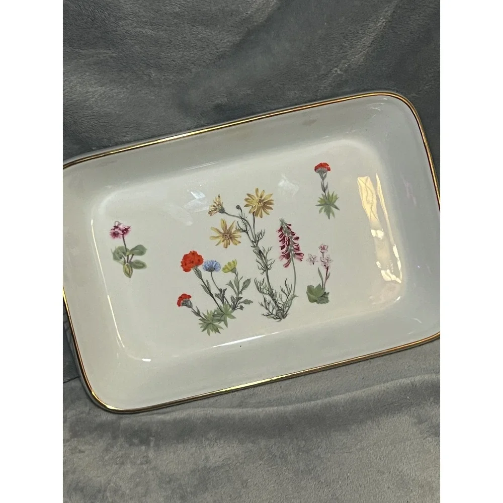 Louvoux Le Faune France Porcelain Botanical Floral Trinket Tray Gold Trim Whimsy